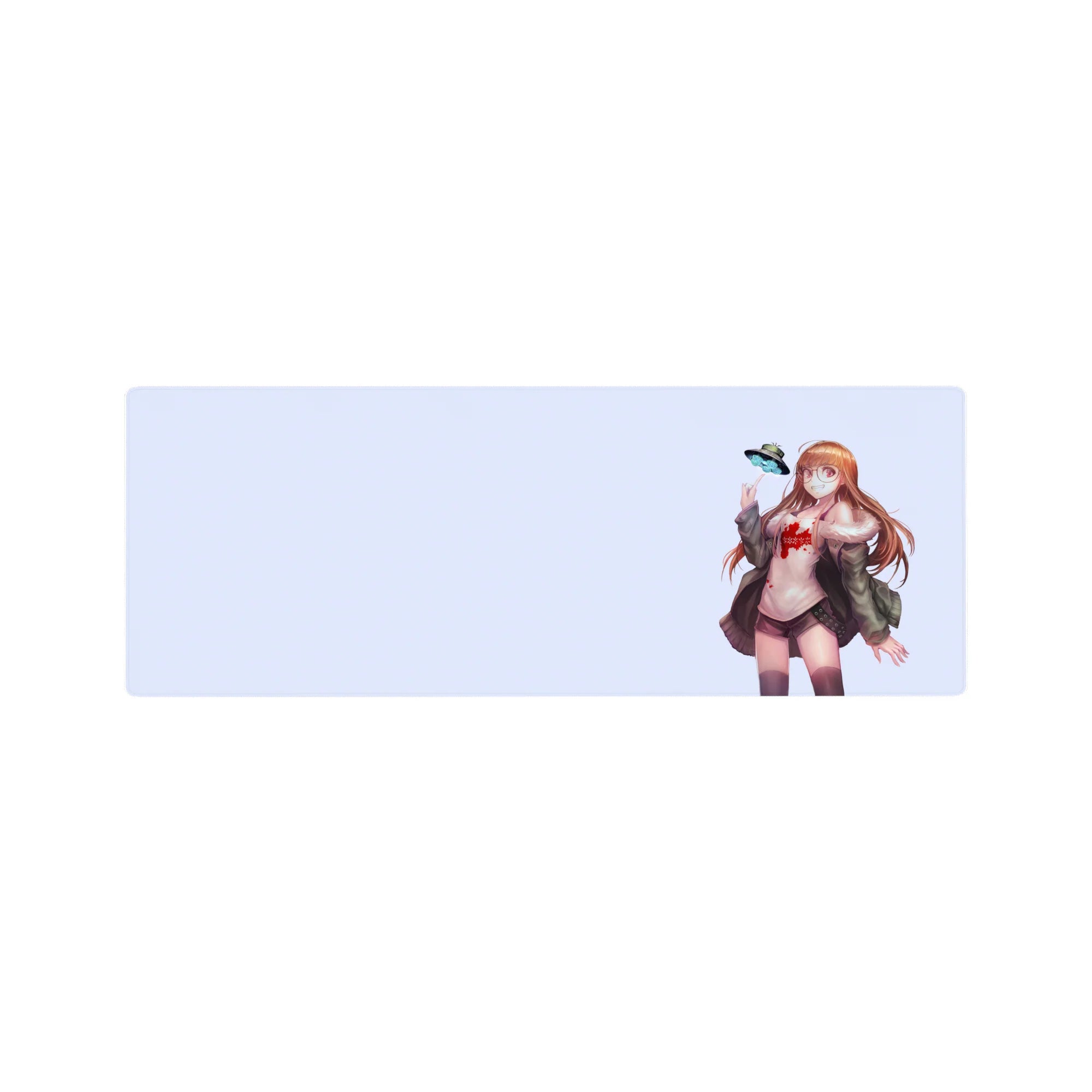 Anime girl mouse pad 32x12 inches with glasses, auburn hair, cozy jacket, and tiny UFO on lavender space.