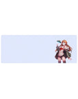 Anime girl mouse pad 32x12 inches with glasses, auburn hair, cozy jacket, and tiny UFO on lavender space.