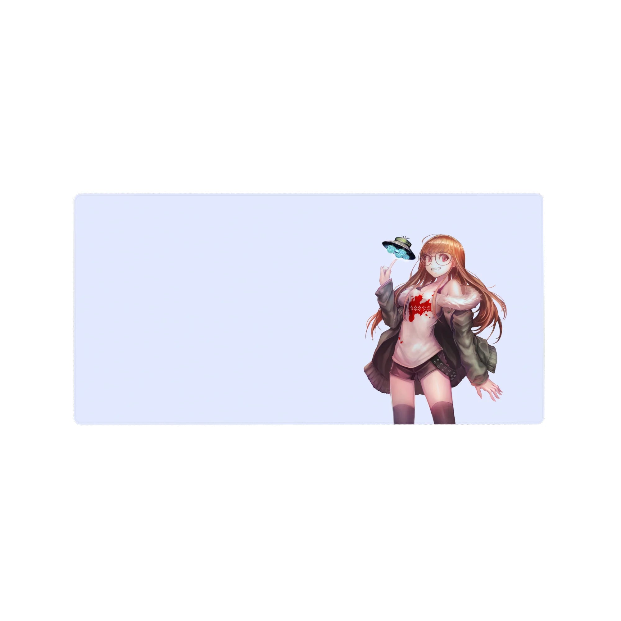 32x16 inches anime girl mouse pad with glasses girl, auburn hair, cozy jacket, and tiny UFO.