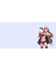 36x16 inches anime girl desk pad with glasses girl, auburn hair, cozy jacket, and tiny UFO on lavender space.