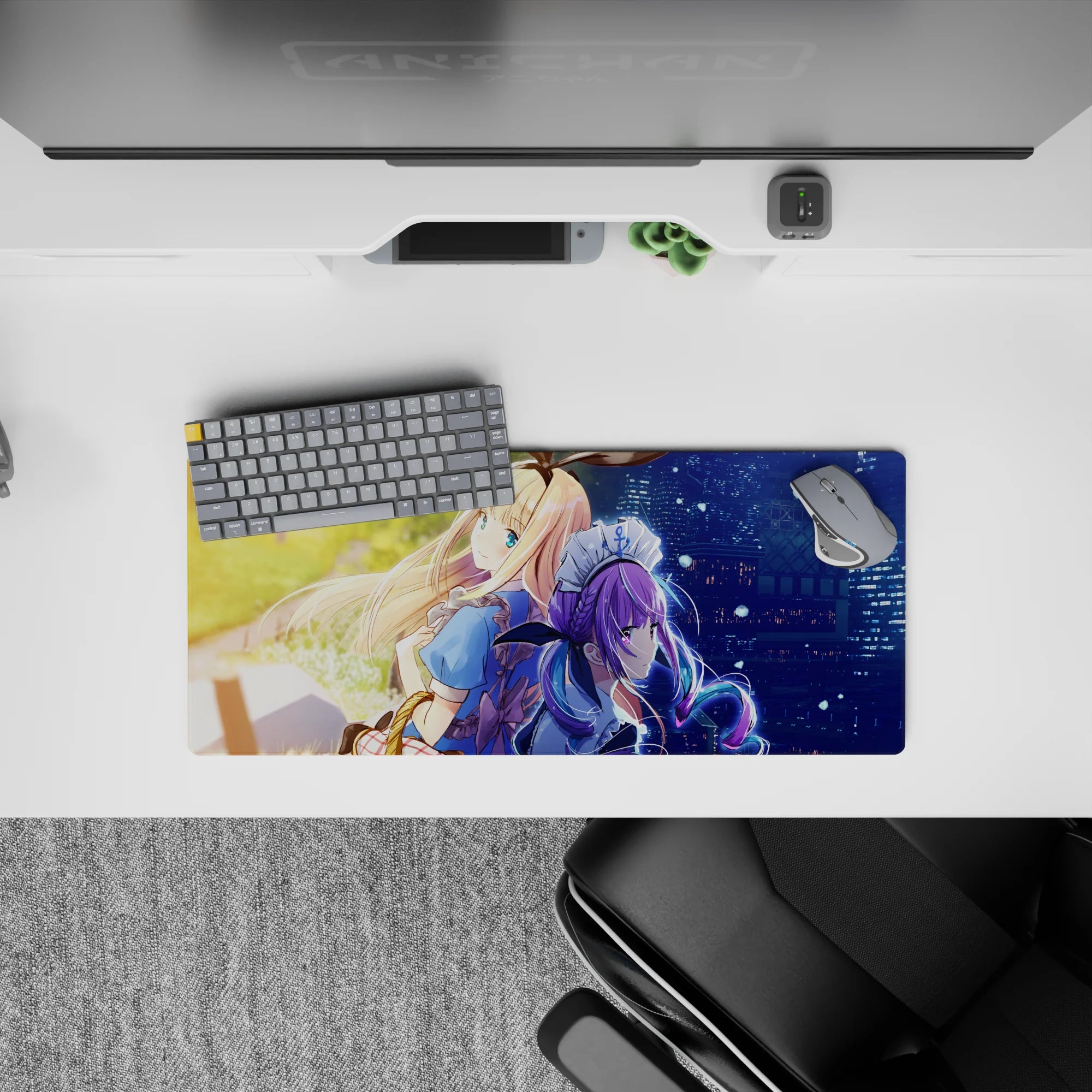 28x12 inches anime mouse pad in warm gold sunlight and cool neon blues, cozy dramatic day-to-night vibe.