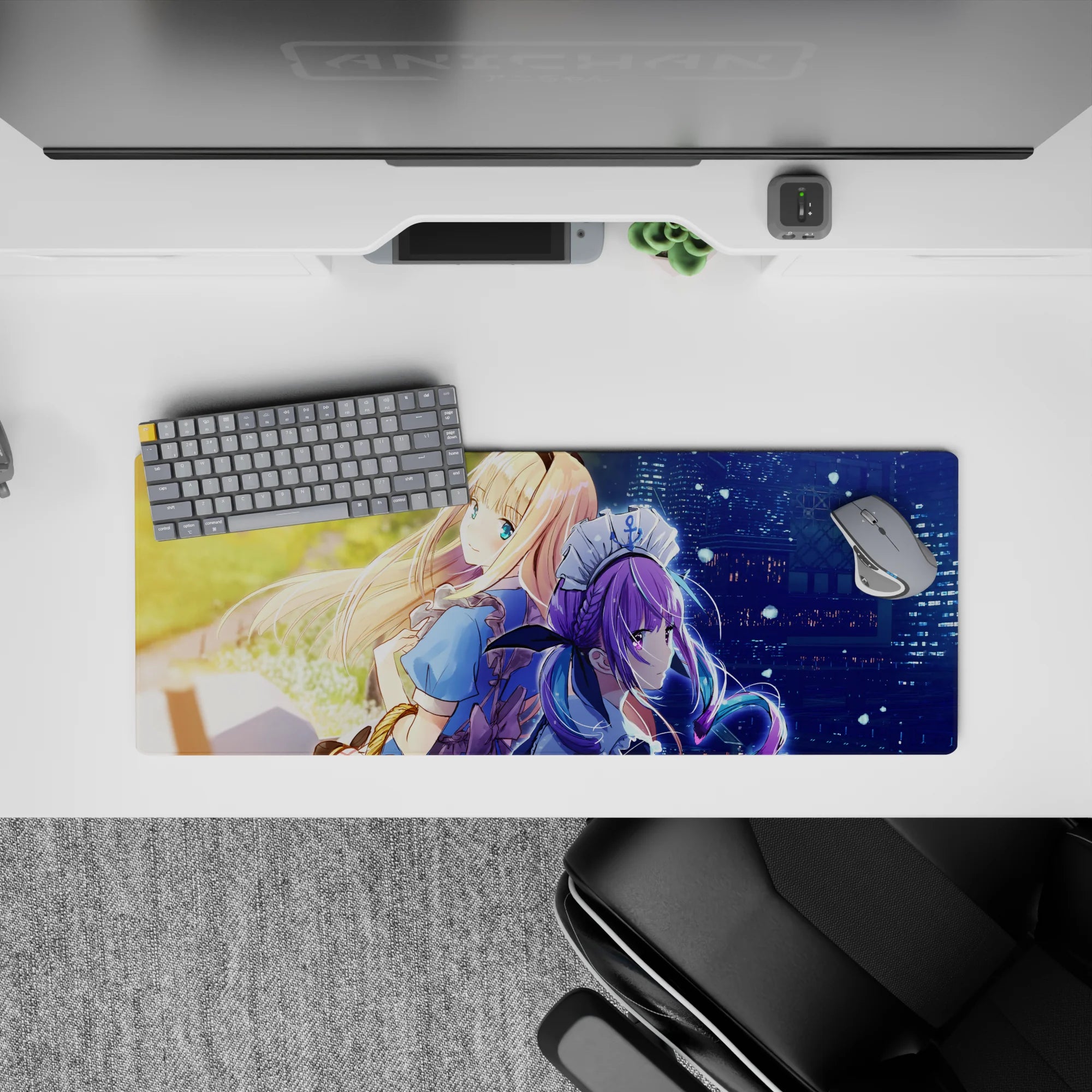 Anime girl mouse pad 32x12 inches in golden sunset and neon blue-purple night, sparkly cozy vibe.