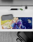 Anime girl mouse pad 32x12 inches in golden sunset and neon blue-purple night, sparkly cozy vibe.