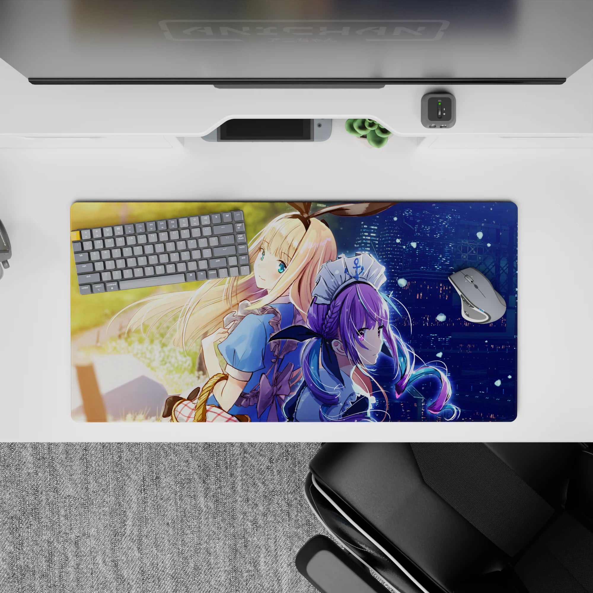 32x16 inches anime mouse pad in warm sunset gold fading into neon blue-purple rainy city glow.