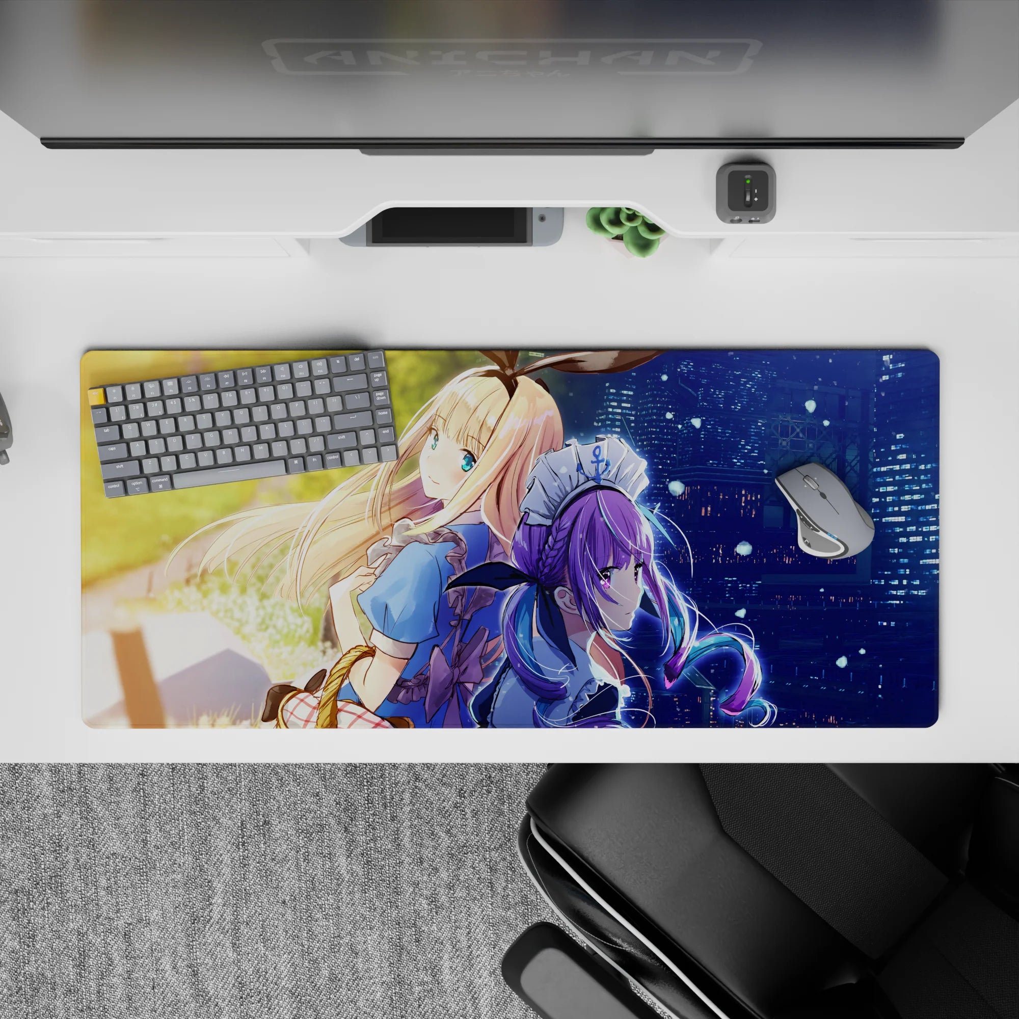 36x16 inches anime desk pad in golden sunset and neon blue-purple night tones, cozy dramatic vibe.