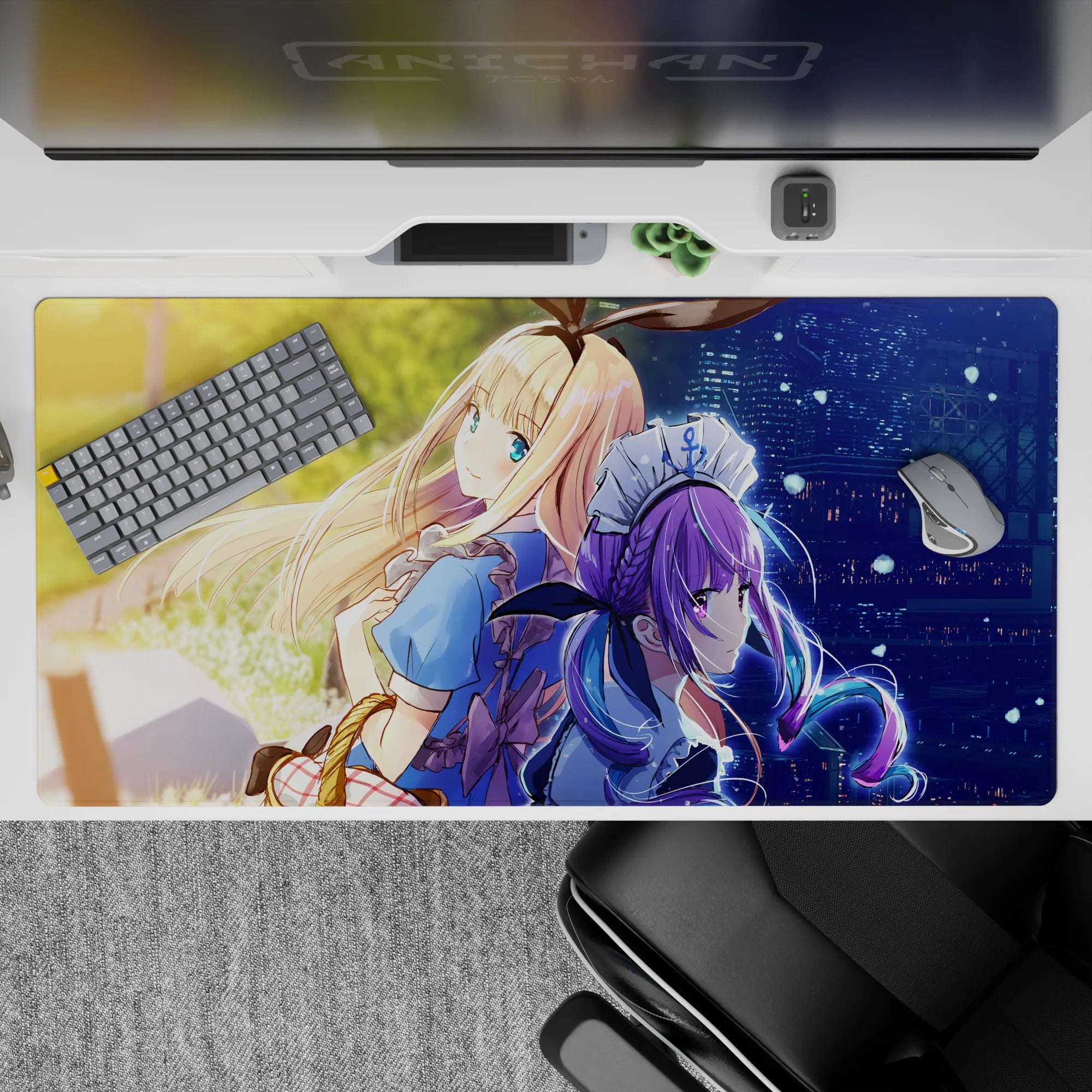 Anime girl desk pad 40x20 inches in golden sunset to neon blue-purple night, cozy dramatic vibe.