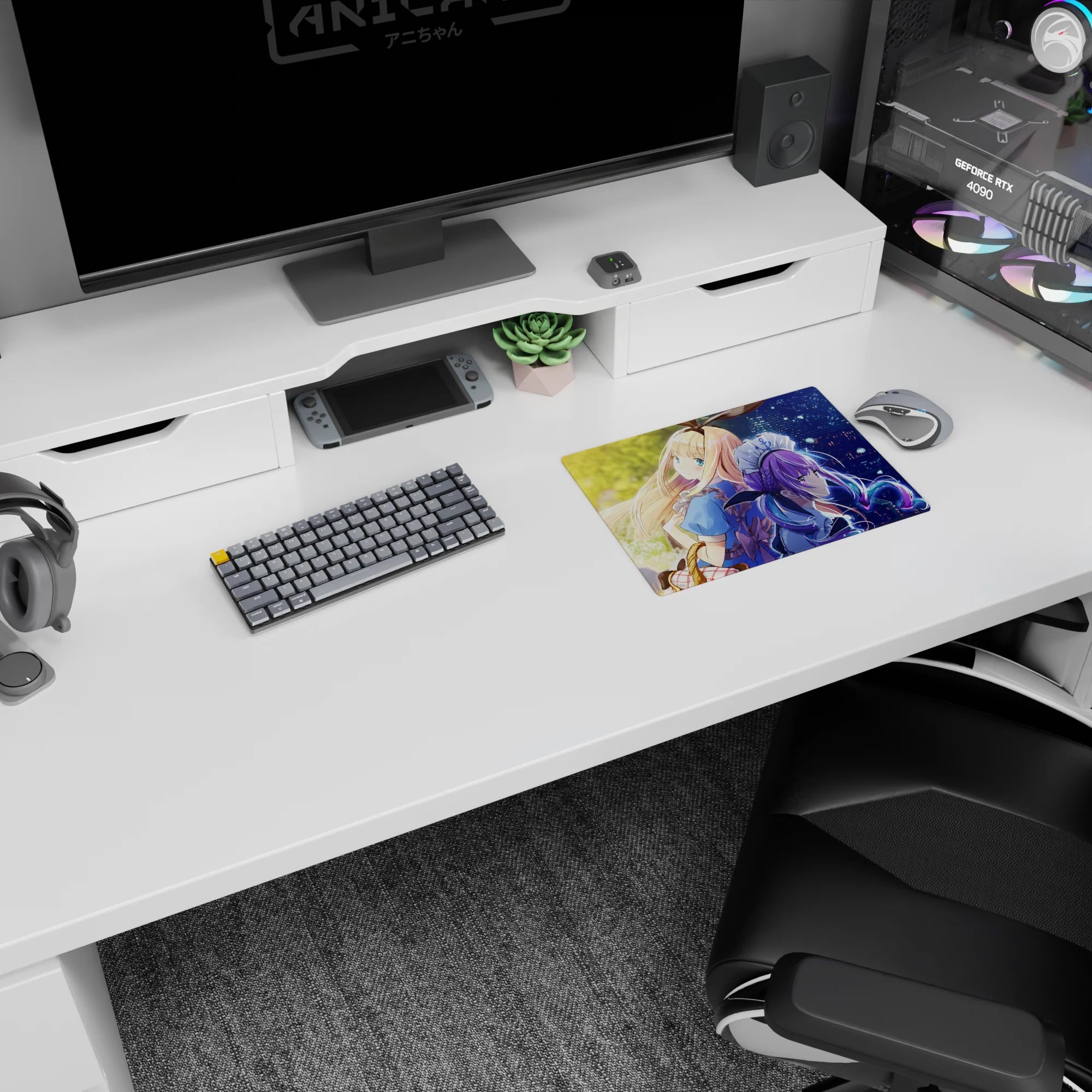 14x10 inches anime girl mouse pad showing blonde girl and violet-haired maid back-to-back by city lights.