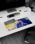 28x12 inches anime girl mouse pad showing two girls back-to-back, ribbons and lace, city rain glow.