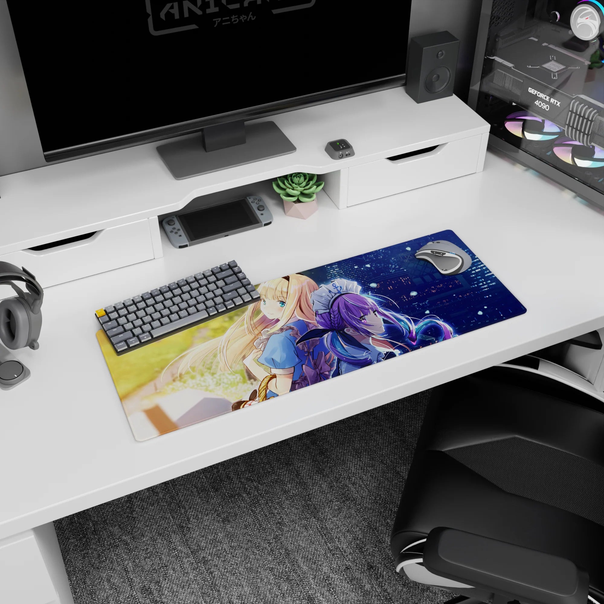 Anime girl mouse pad 32x12 inches showing blonde heroine and purple-haired maid, ribbons and lace detail.