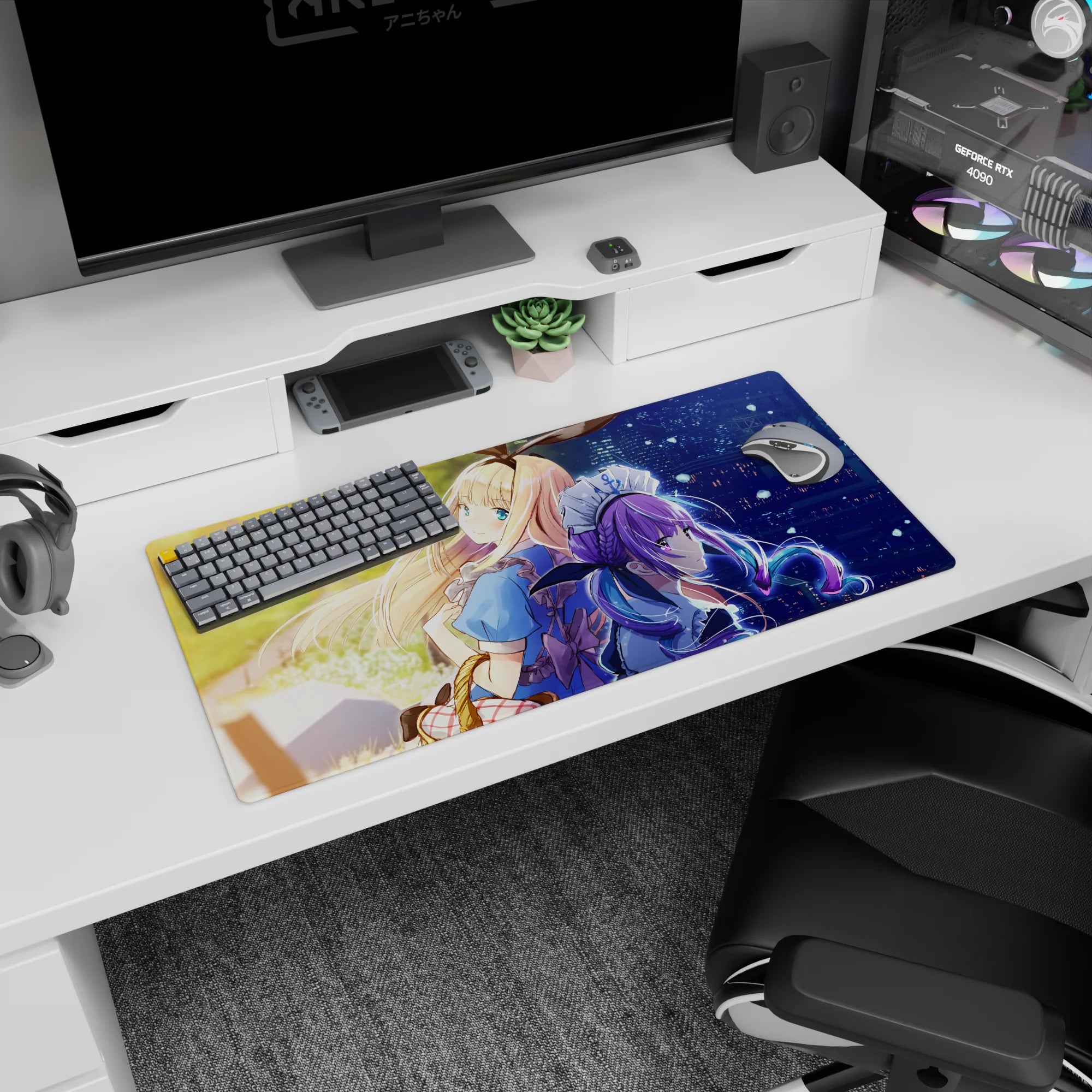 32x16 inches anime girl mouse pad with blonde girl and violet-haired maid posed back-to-back at night.