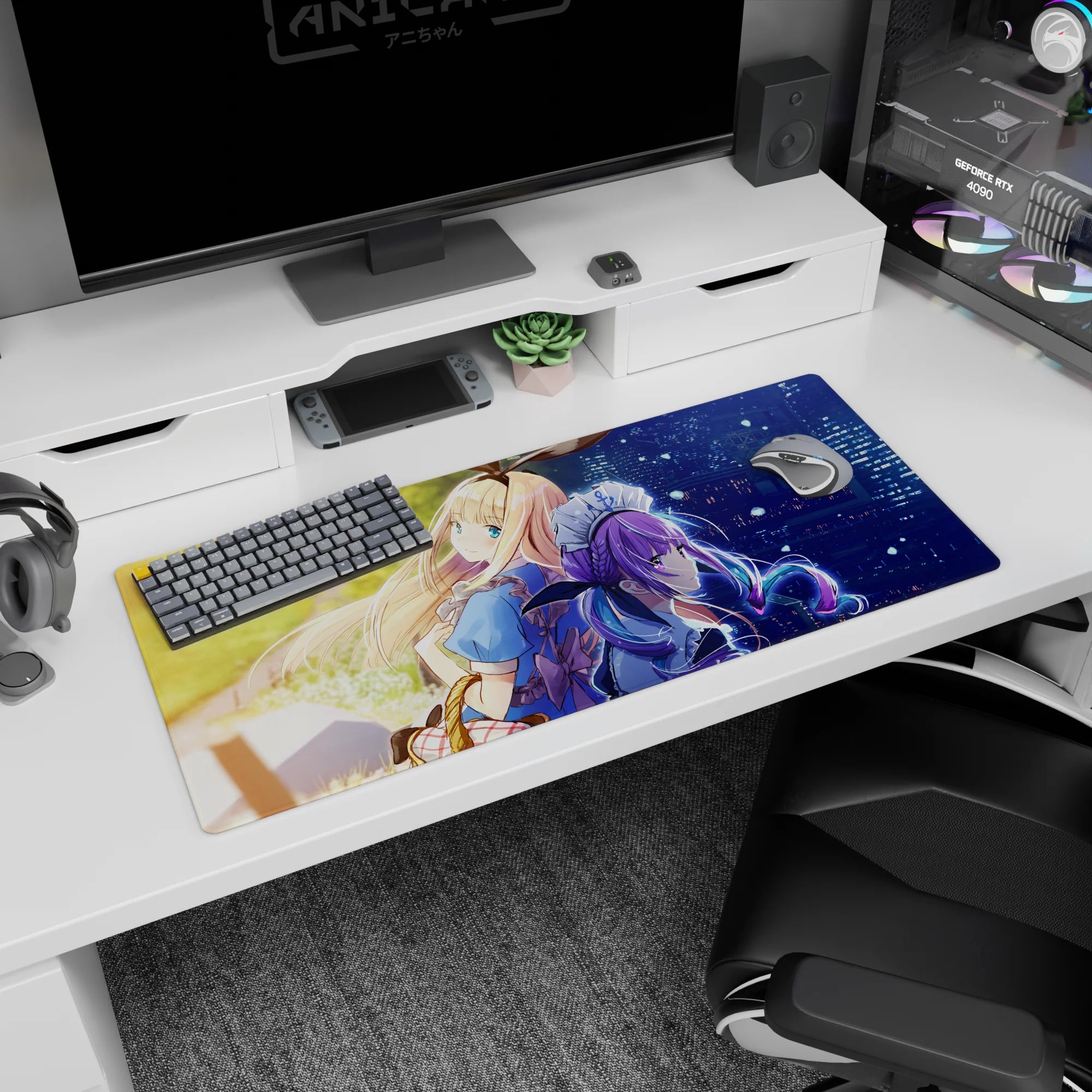36x16 inches desk pad showing blonde girl and violet-haired maid with ribbons and lace, protective pose.