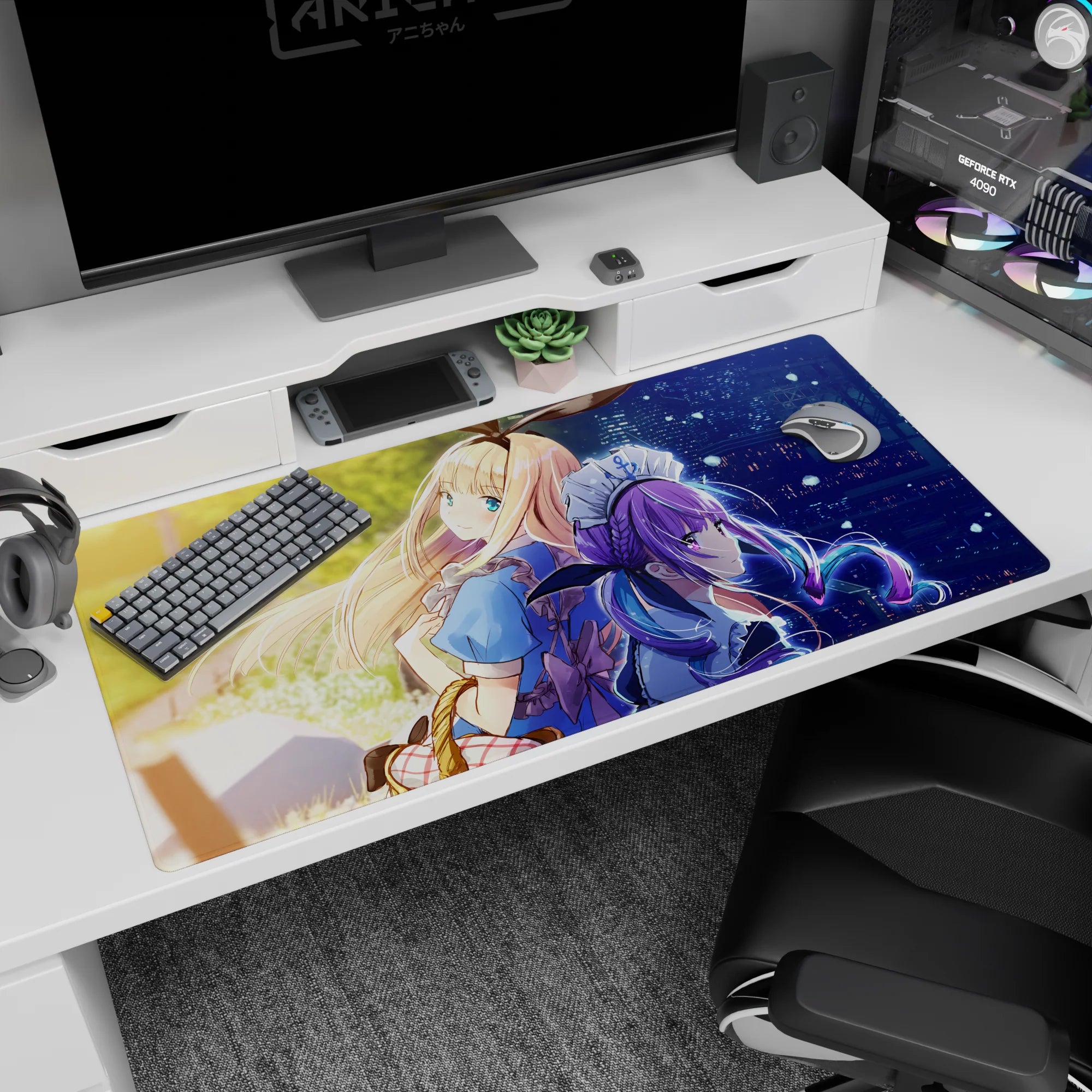 40x20 inches anime desk pad featuring blonde girl and purple-haired maid, ribbons and lace, rainy city glow.