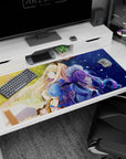 40x20 inches anime desk pad featuring blonde girl and purple-haired maid, ribbons and lace, rainy city glow.
