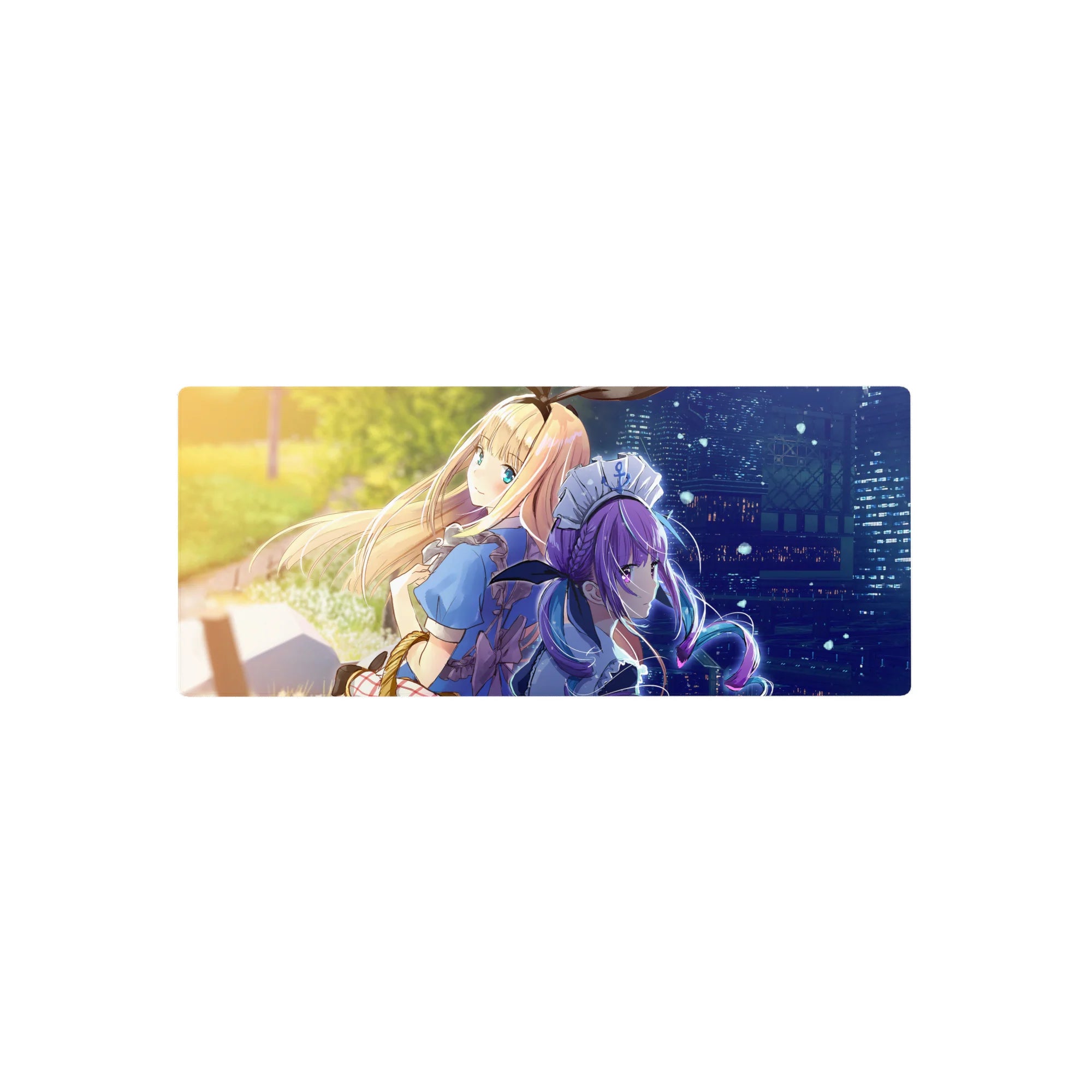 28x12 inches anime girl mouse pad with blonde girl and violet-haired maid, sparkles and city skyline.