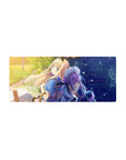 28x12 inches anime girl mouse pad with blonde girl and violet-haired maid, sparkles and city skyline.