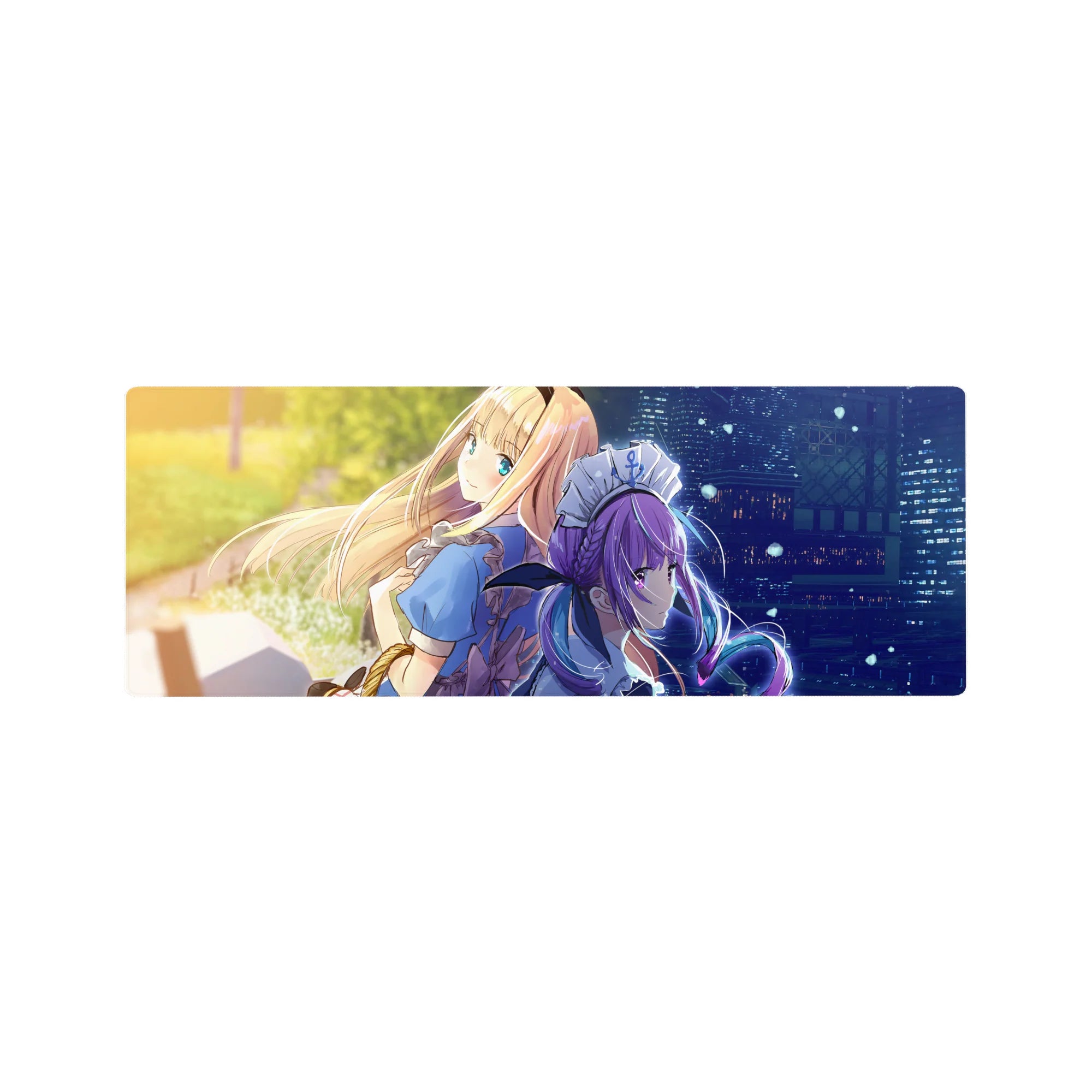 Anime girl mouse pad 32x12 inches with back-to-back blonde girl and violet-haired maid city skyline.