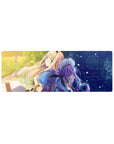 Anime girl mouse pad 32x12 inches with back-to-back blonde girl and violet-haired maid city skyline.