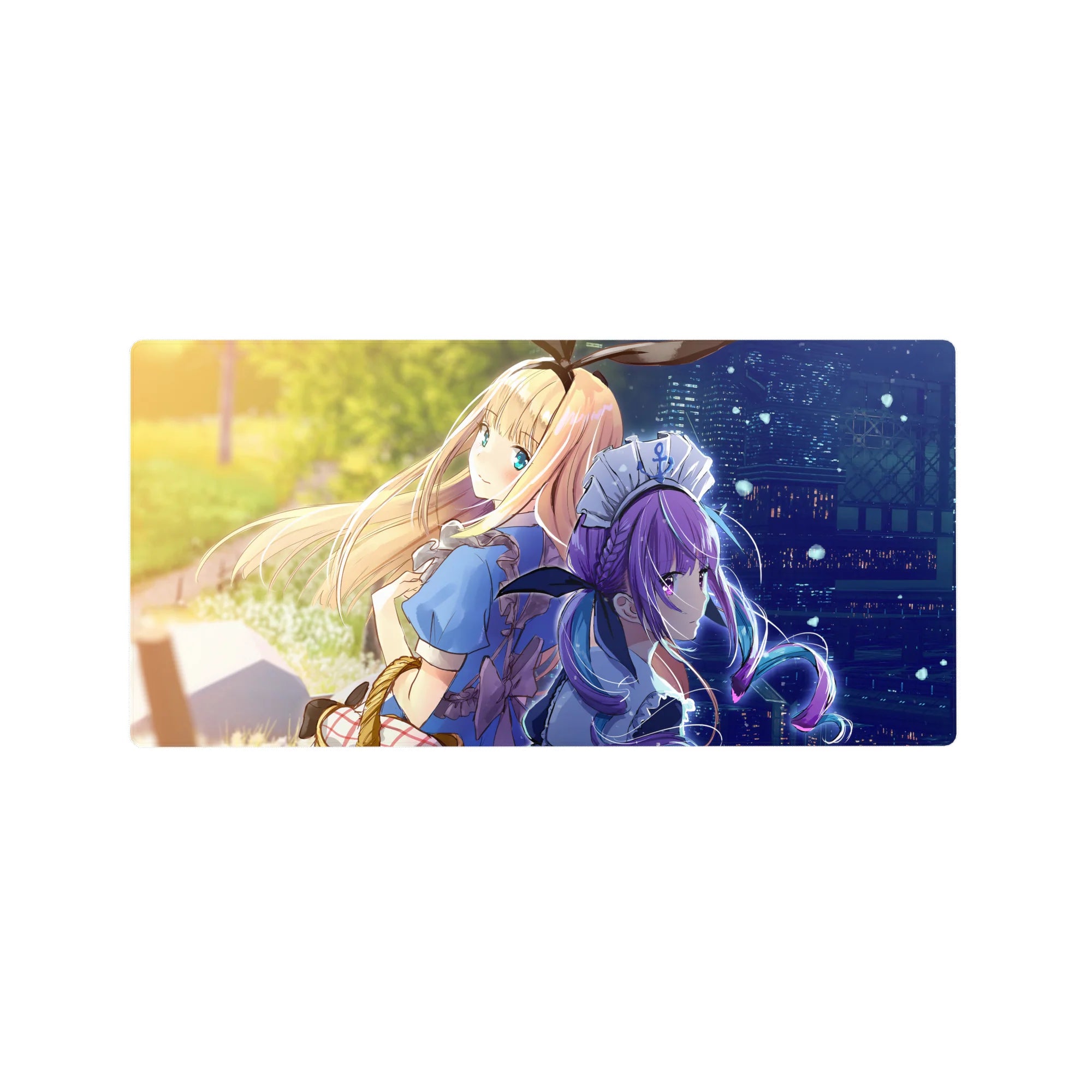 32x16 inches anime girl mouse pad with back-to-back girls, sparkles, ribbons, lace, city skyline.