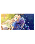 32x16 inches anime girl mouse pad with back-to-back girls, sparkles, ribbons, lace, city skyline.