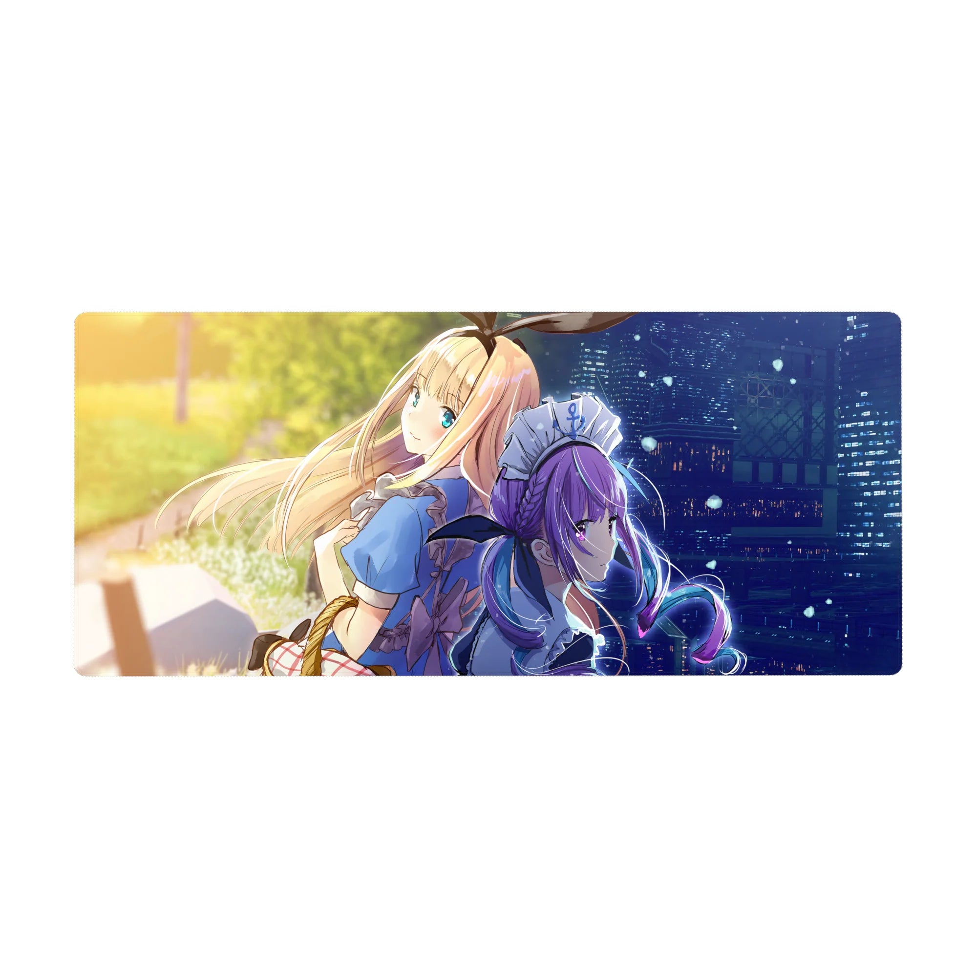 36x16 inches anime girl desk pad with back-to-back blonde and violet-haired maid, city skyline sparkles.
