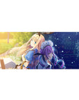 36x16 inches anime girl desk pad with back-to-back blonde and violet-haired maid, city skyline sparkles.