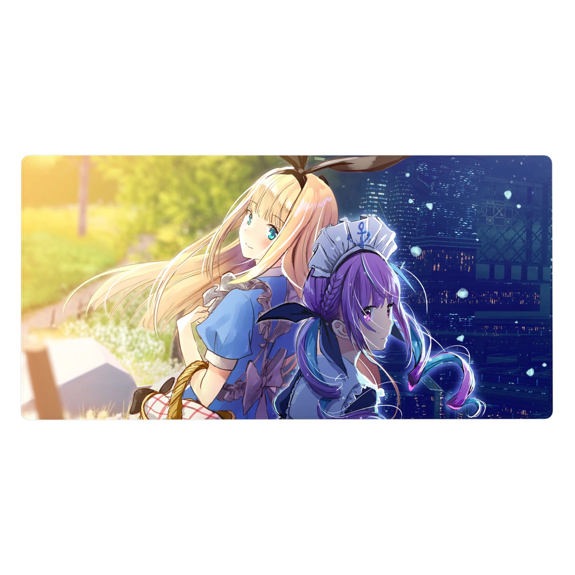 Anime girl desk pad 40x20 inches with back-to-back blonde and violet-haired maid, city skyline sparkles.