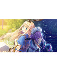 Anime girl desk pad 40x20 inches with back-to-back blonde and violet-haired maid, city skyline sparkles.