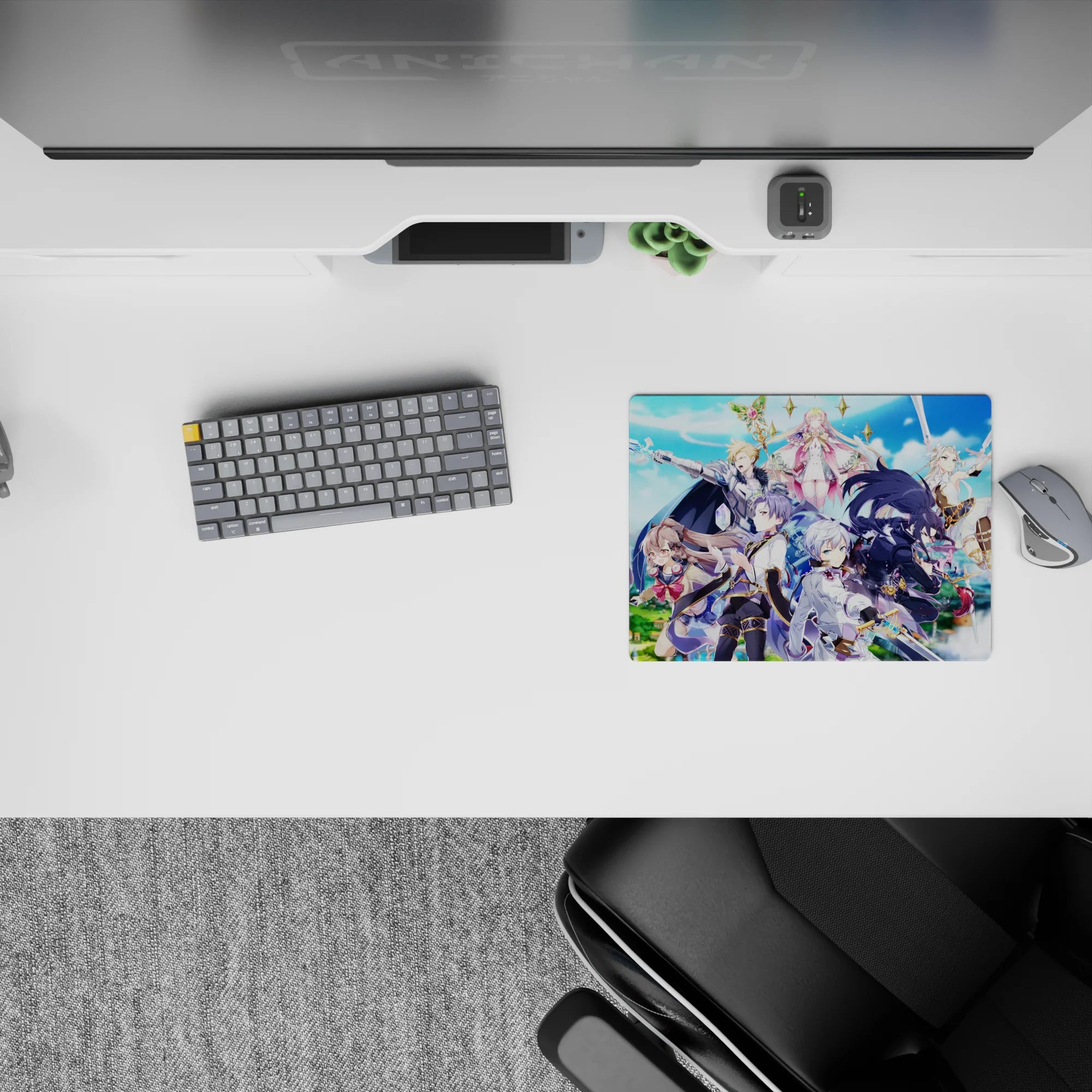 14x10 inches classic anime mouse pad in saturated blues, silver armor, gold sparkles, and soft cloud skies.
