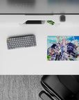 14x10 inches classic anime mouse pad in saturated blues, silver armor, gold sparkles, and soft cloud skies.