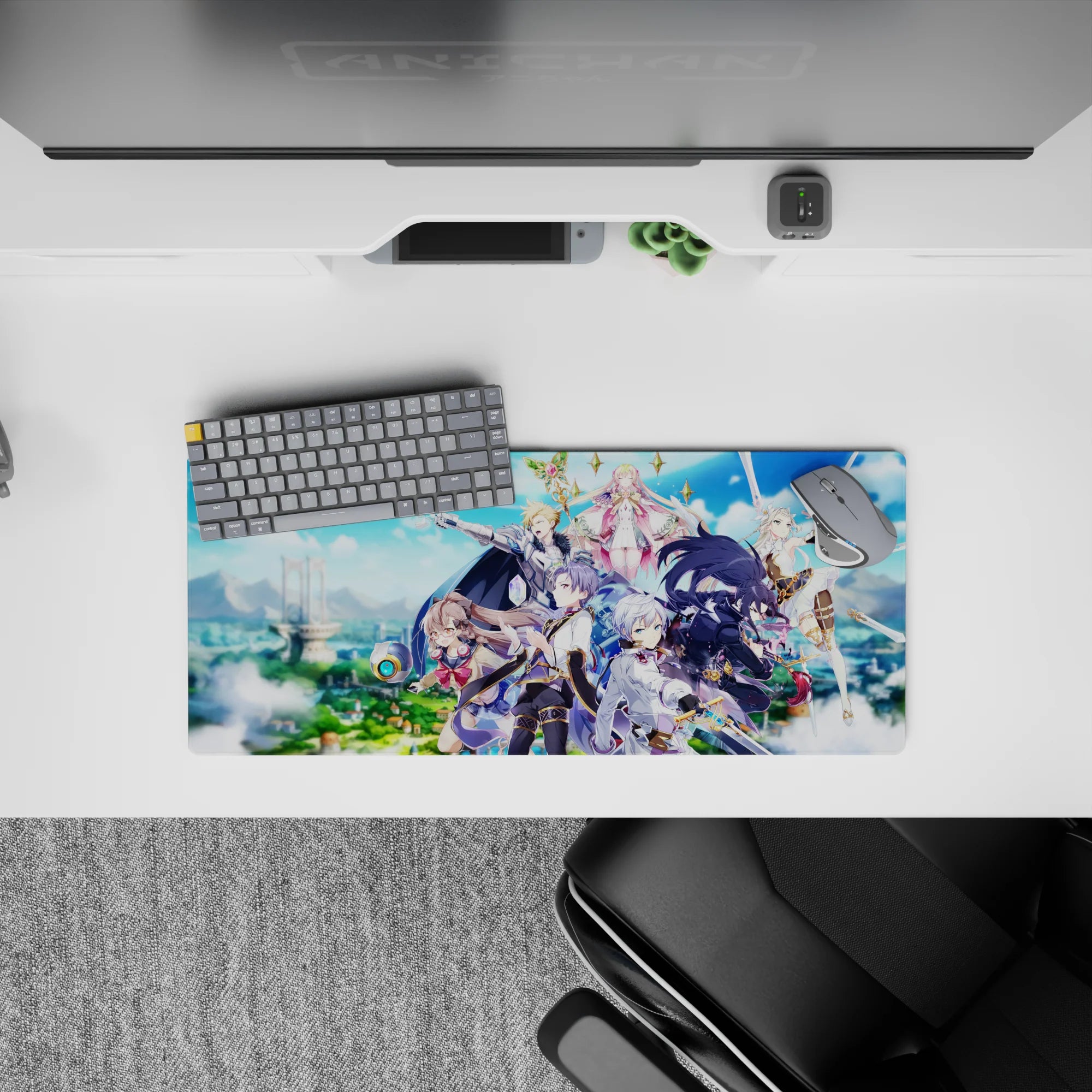 28x12 inches anime mouse pad in saturated blues with soft clouds, gold sparkles, and heroic magic energy.