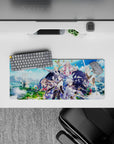 28x12 inches anime mouse pad in saturated blues with soft clouds, gold sparkles, and heroic magic energy.