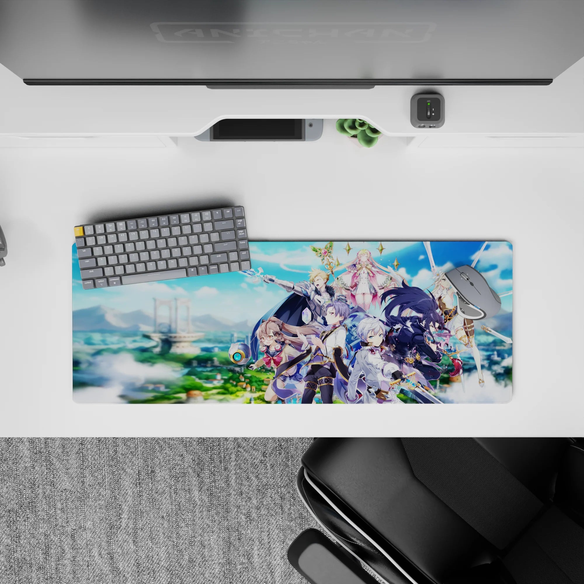 32x12 inches anime mouse pad in saturated blues with gold sparkles, clean crisp uniforms, heroic mood.