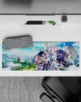 32x12 inches anime mouse pad in saturated blues with gold sparkles, clean crisp uniforms, heroic mood.