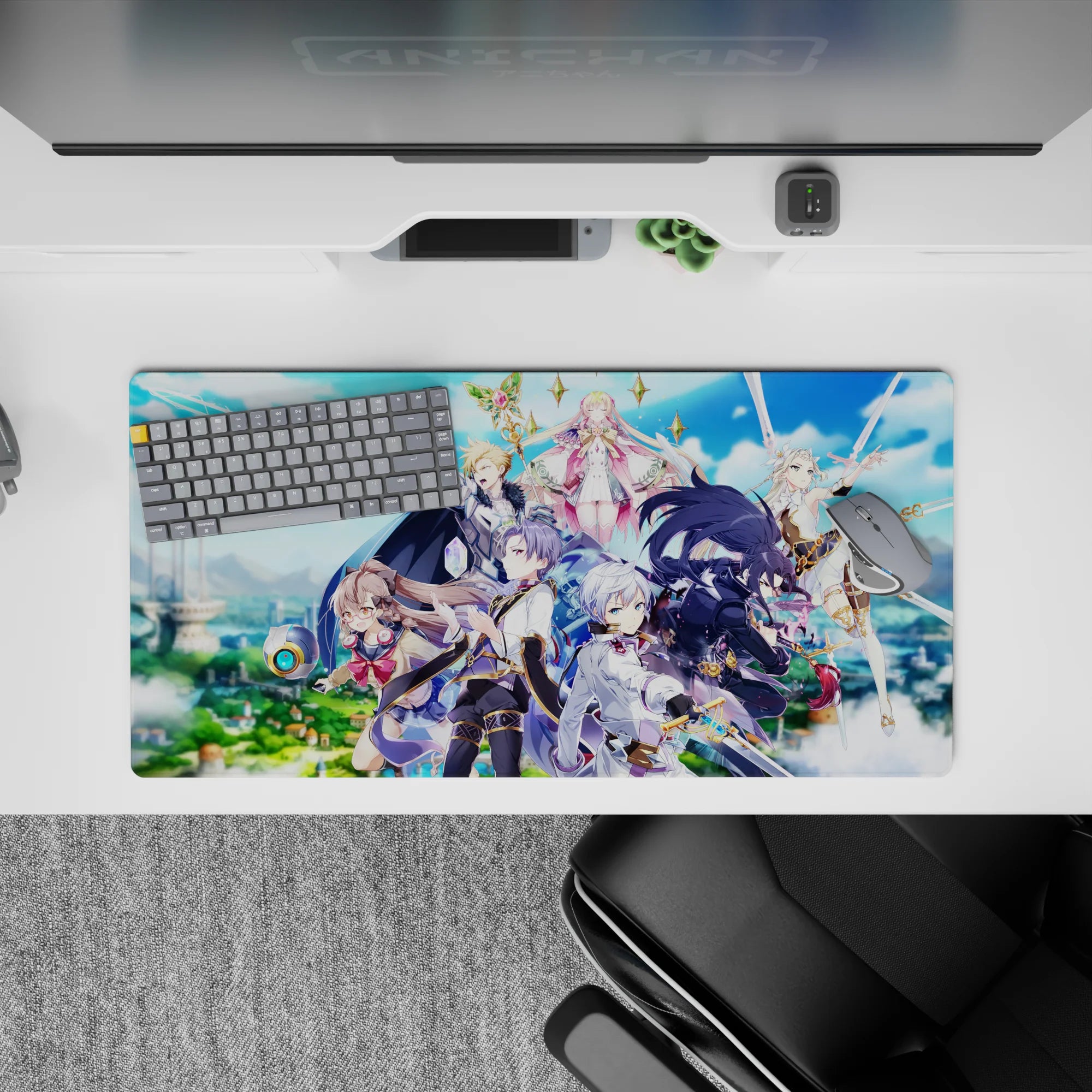 32x16 inches anime mouse pad in saturated blues and soft clouds, bright gold sparkles, dramatic mood.
