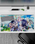 32x16 inches anime mouse pad in saturated blues and soft clouds, bright gold sparkles, dramatic mood.