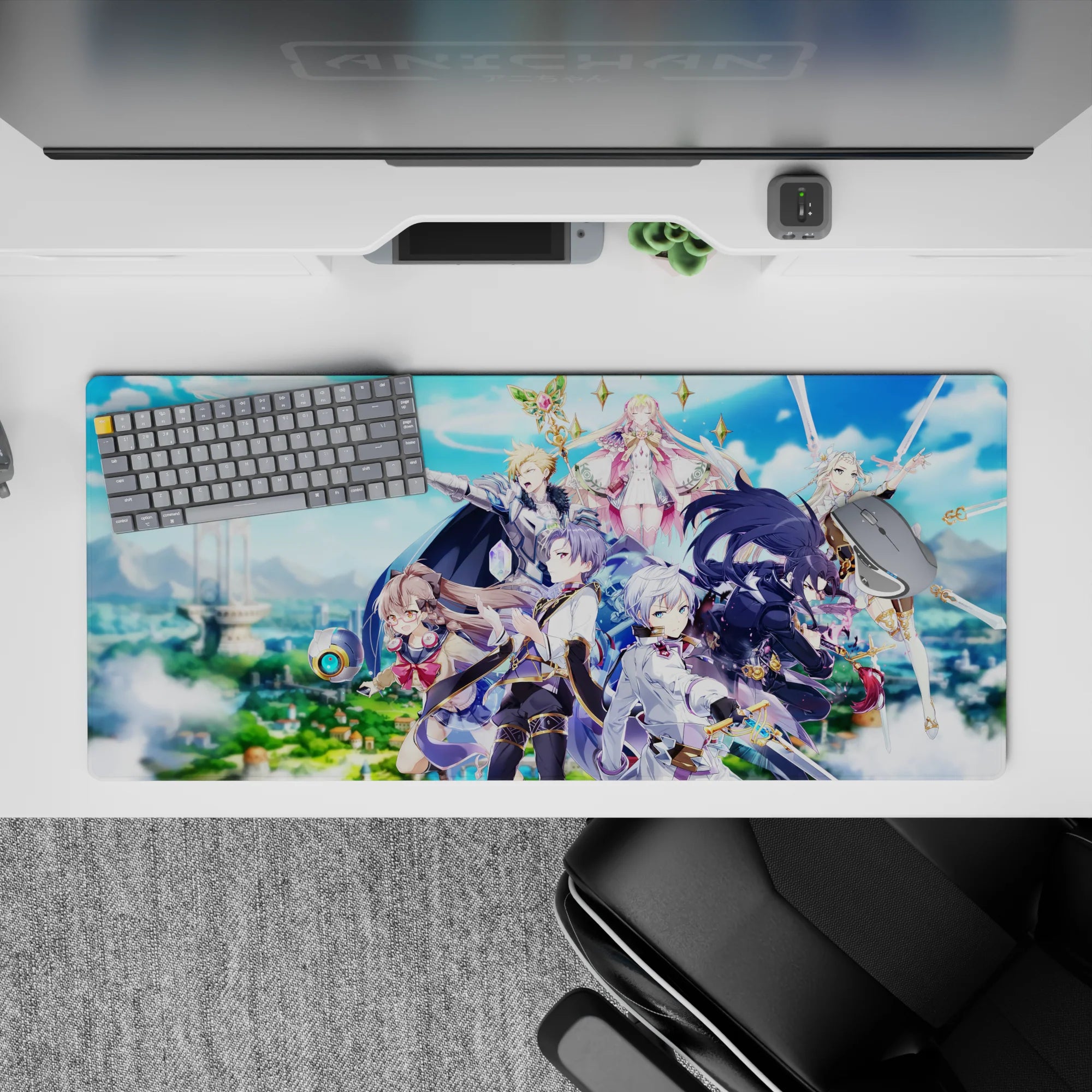 36x16 inches anime desk pad in bright sky blues with gold sparkles, silver armor, and magical energy arcs.