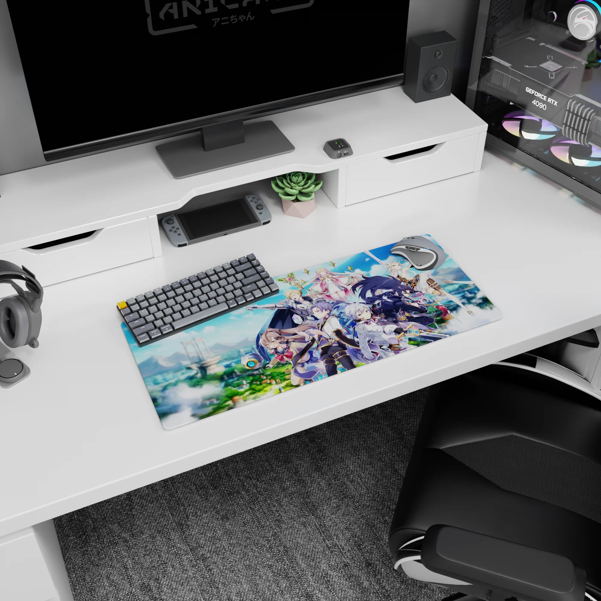 28x12 inches anime mouse pad showing black-cloaked swordsman dashing past blue arcs beside armored knight.