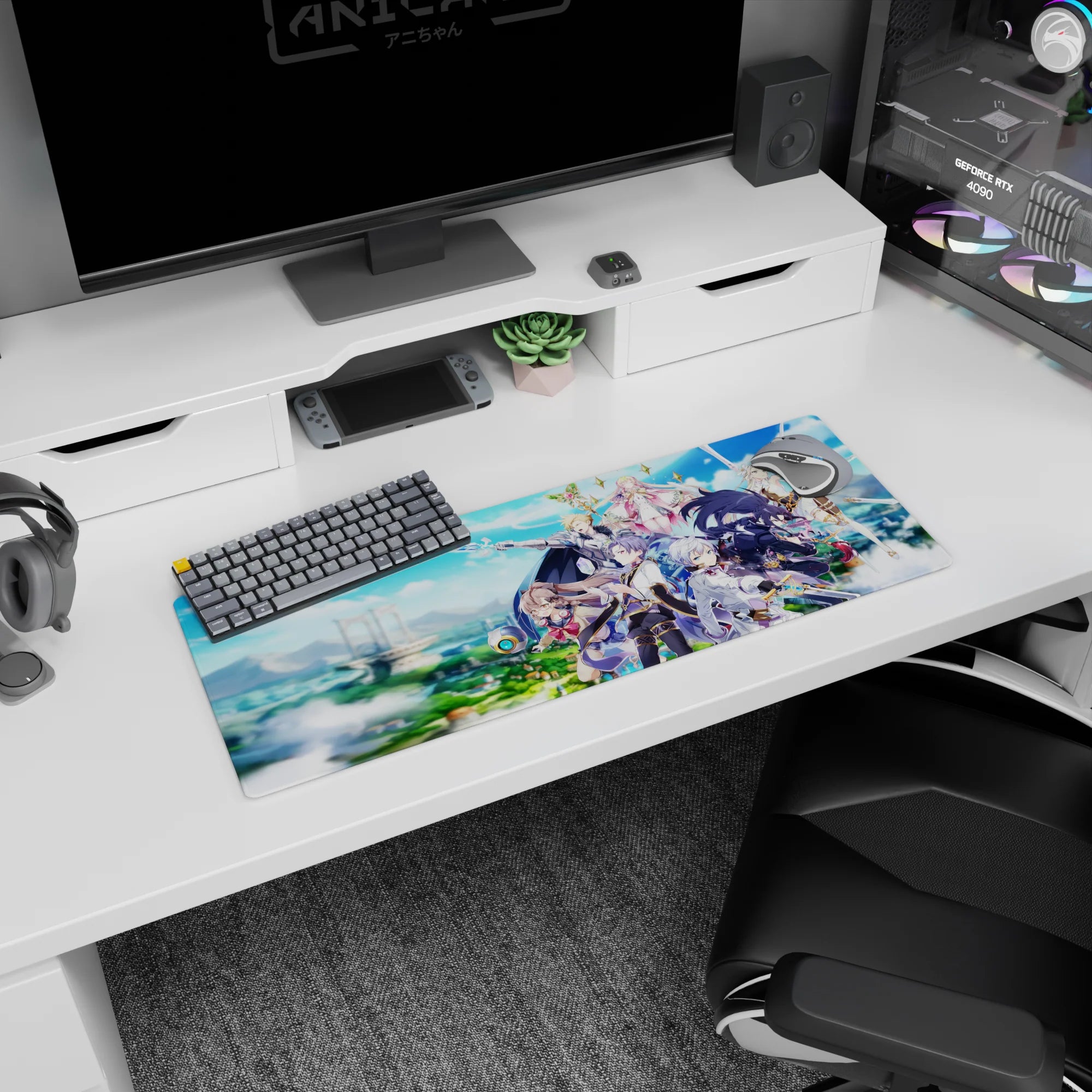 32x12 inches anime mouse pad showing black-cloaked fighter dashing past blue energy and a pink-robed mage.
