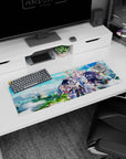 32x12 inches anime mouse pad showing black-cloaked fighter dashing past blue energy and a pink-robed mage.