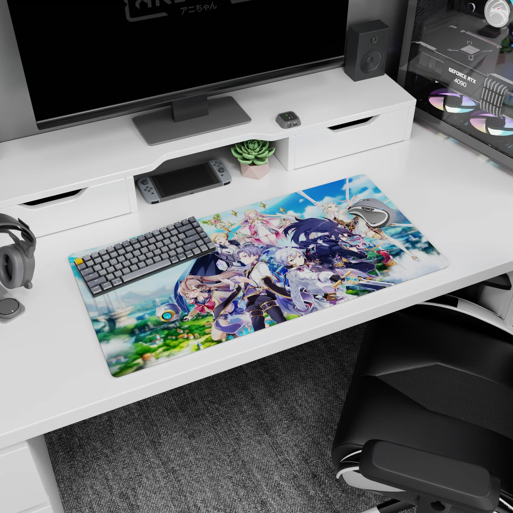 32x16 inches anime mouse pad featuring black-cloaked fighter dashing past silver armor and a floating pink mage.