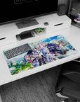 32x16 inches anime mouse pad featuring black-cloaked fighter dashing past silver armor and a floating pink mage.