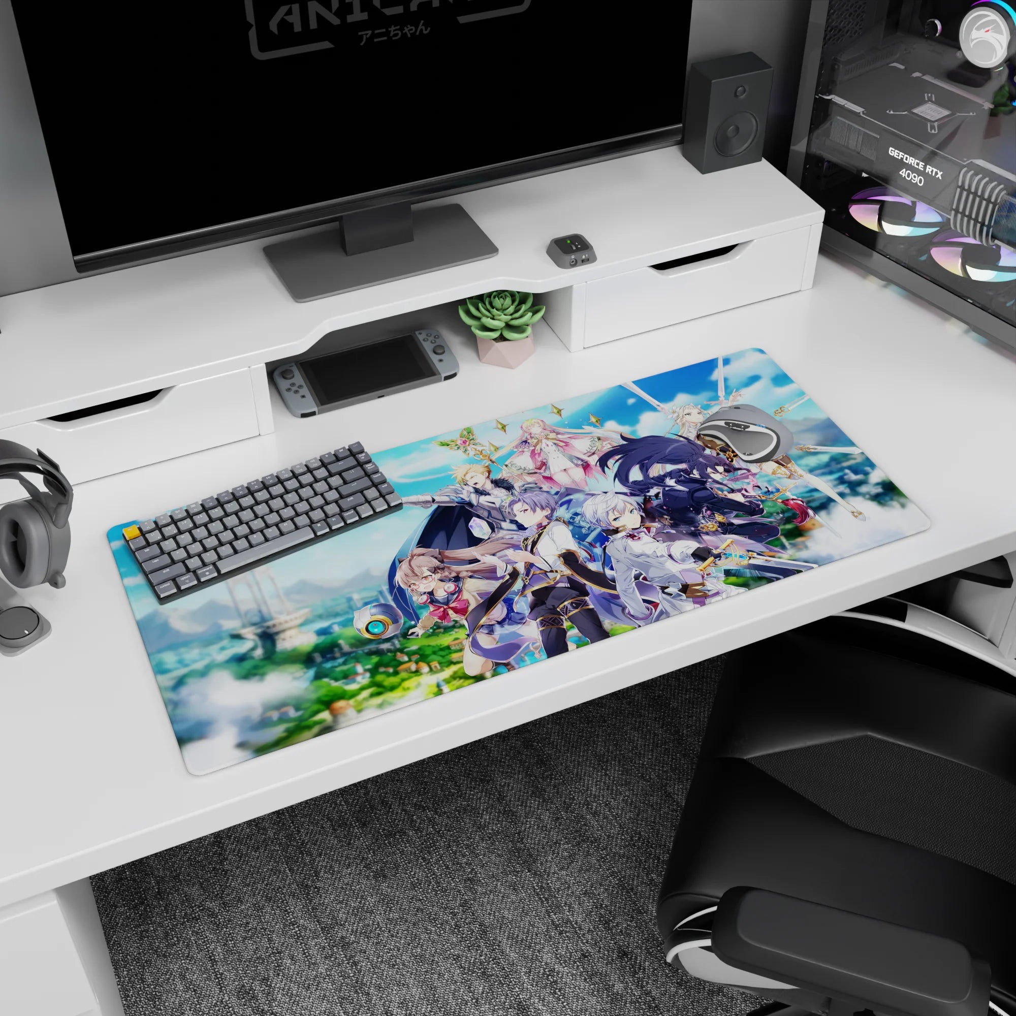 36x16 inches anime desk pad showing a black-cloaked fighter dashing as a pink-robed mage hovers above.