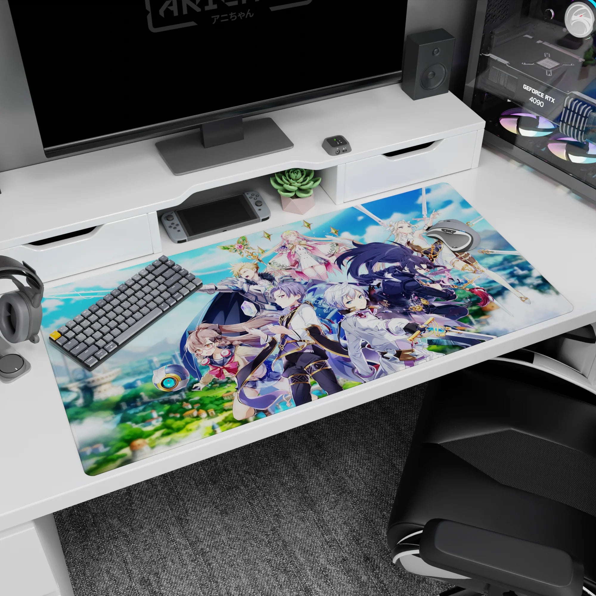 40x20 inches anime desk pad with black-cloaked fighter, silver knight, and pink mage floating above.