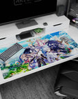 40x20 inches anime desk pad with black-cloaked fighter, silver knight, and pink mage floating above.