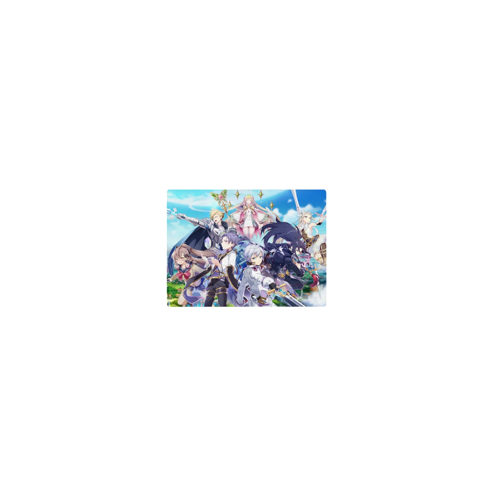 Classic anime mouse pad 14x10 inches with fantasy party, armored warrior, cloaked fighter, and floating mage.
