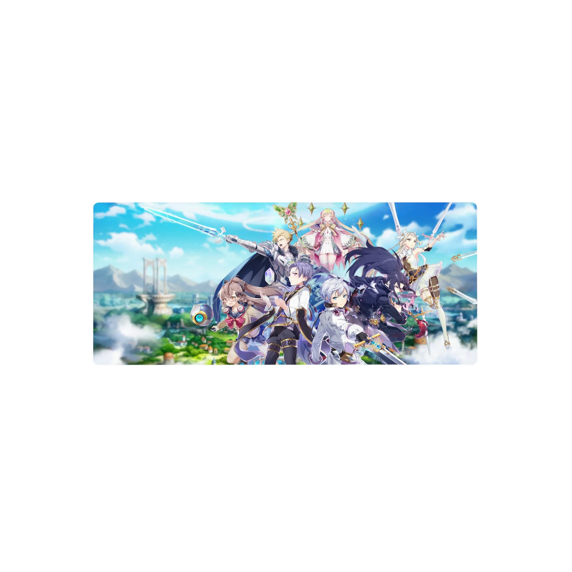 28x12 inches anime mouse pad with fantasy party, silver armor, black cloak fighter, and floating pink mage.
