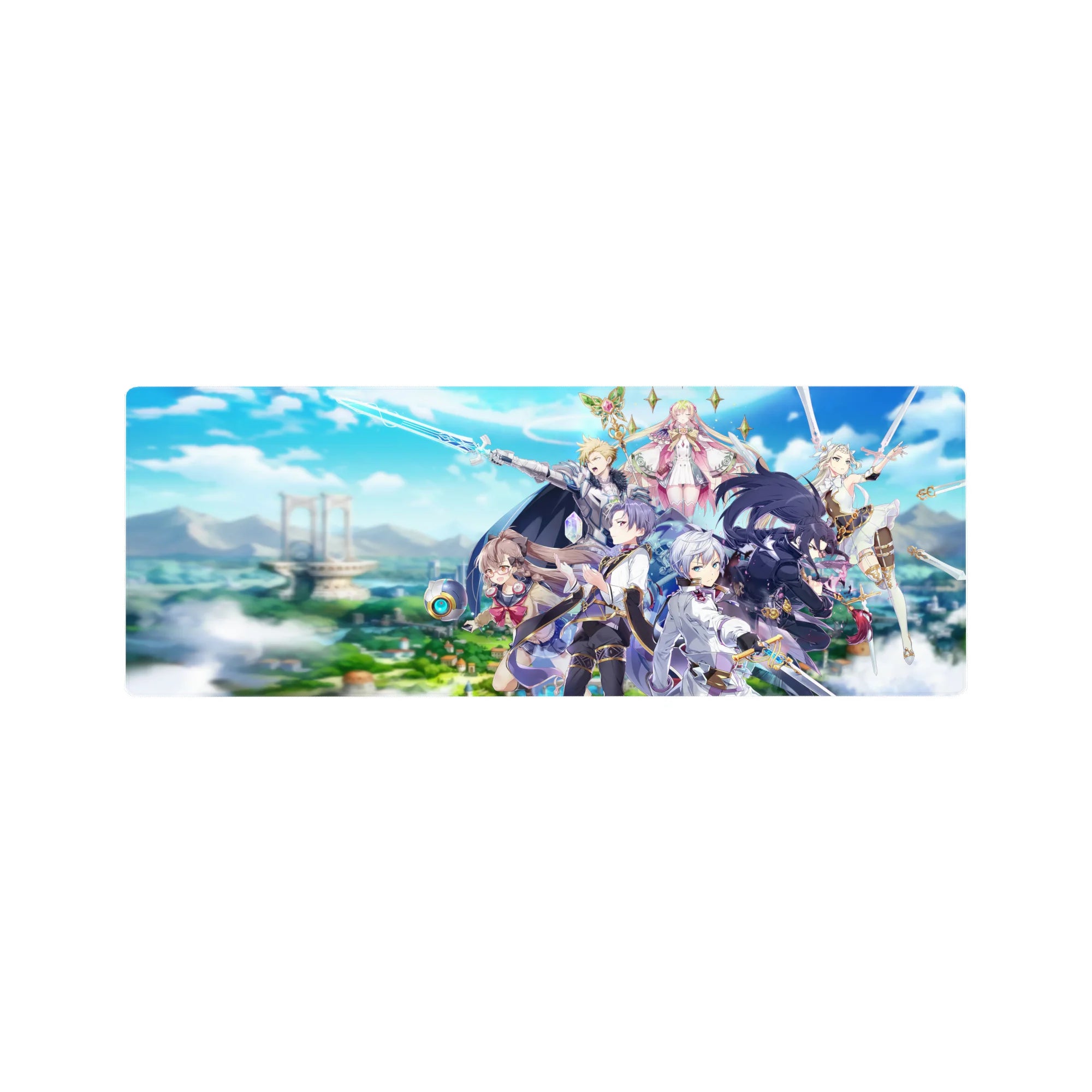 32x12 inches anime mouse pad with fantasy party, silver armor, blue energy arcs, mage above, cloud sky.