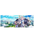32x12 inches anime mouse pad with fantasy party, silver armor, blue energy arcs, mage above, cloud sky.