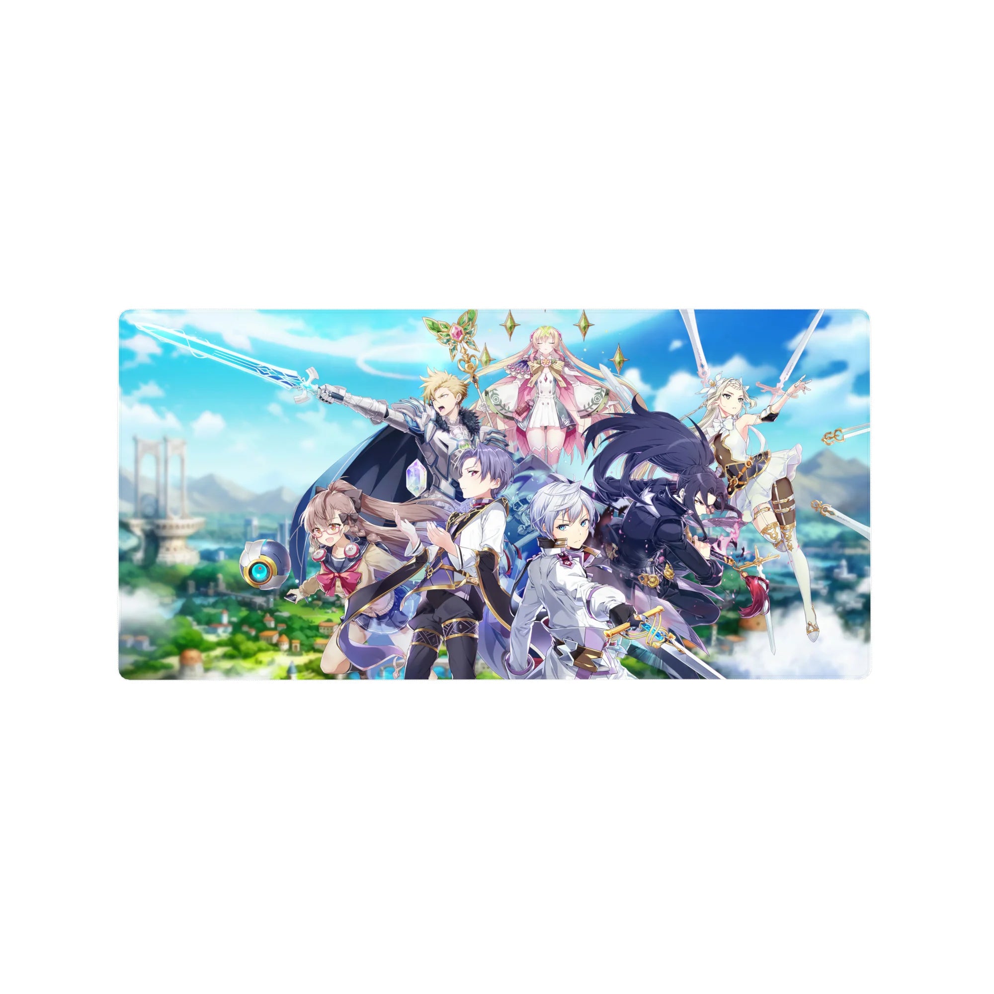 32x16 inches anime mouse pad with heroic sky fantasy party, armor, mage, and blue energy arcs.