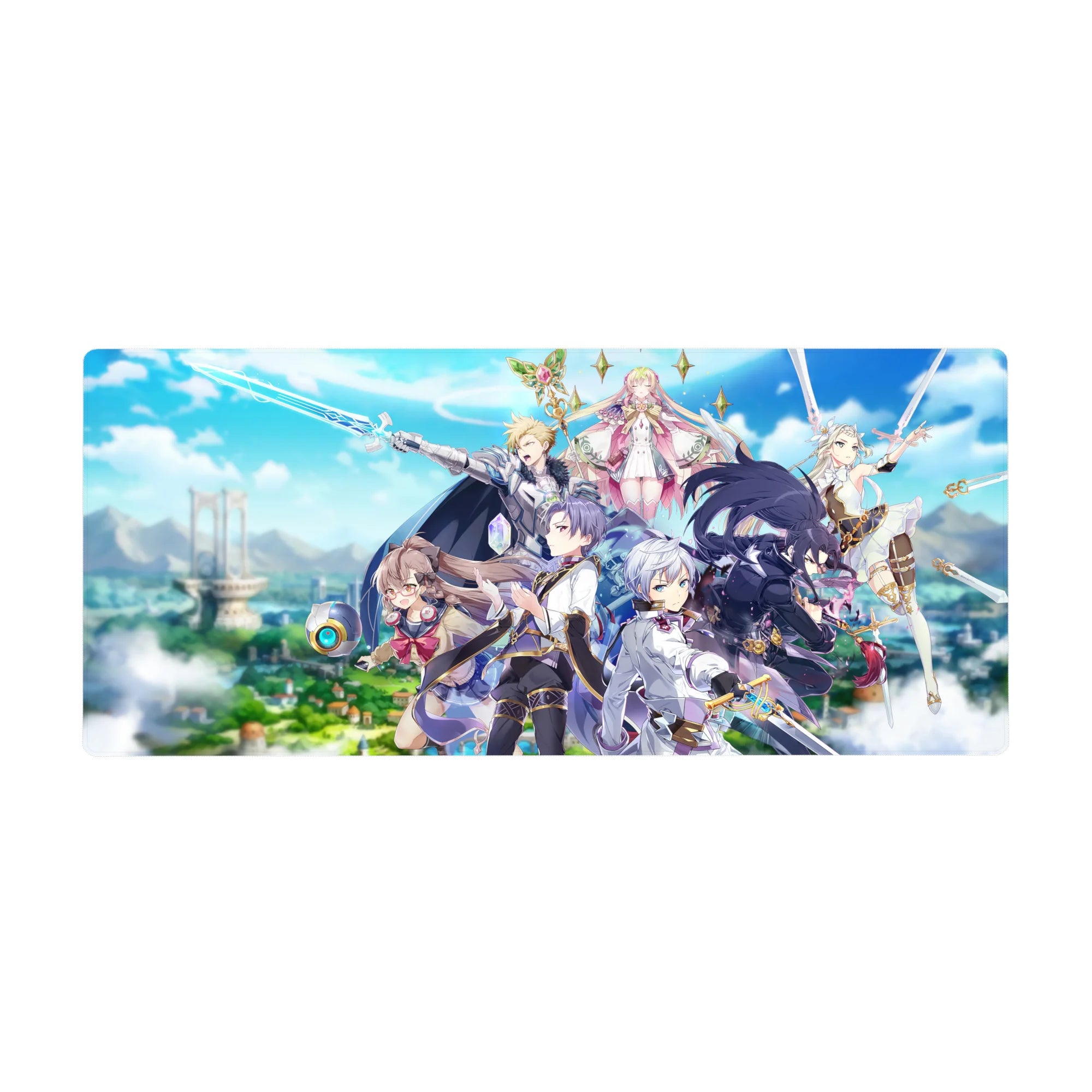Anime fantasy party desk pad 36x16 inches with armored warrior, cloaked fighter, and floating mage.
